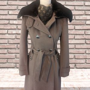 Tahari Coat Women's Size 4 Mink Brown Phoebe Long Wool Belted Coat Fur C…